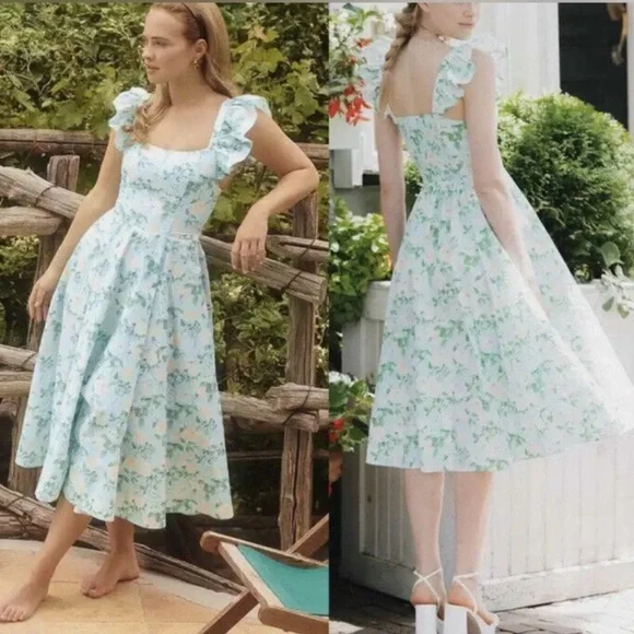 Hill House Daphne Dress in Blue Roses Nap Dress Cotton Floral Green Pink Size L - Picture 3 of 11